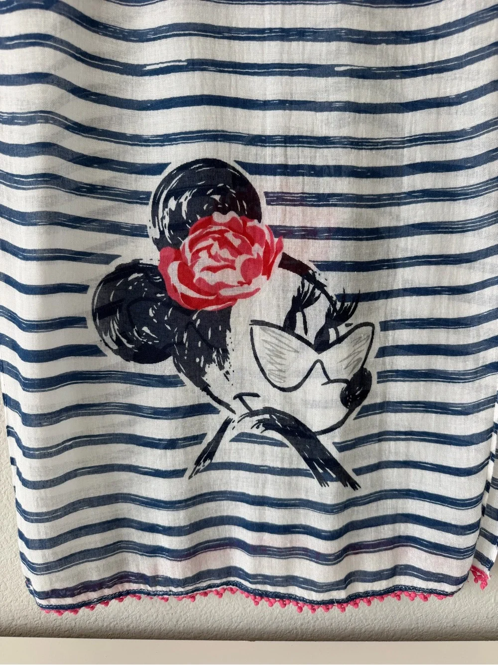 Nautical Striped Minnie Mouse Beach Scarf Sarong with Pink Pom Pom Trim Boho